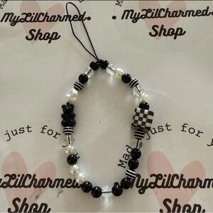 Cell Phone Charm Strap Black & White With Teddy Bear
